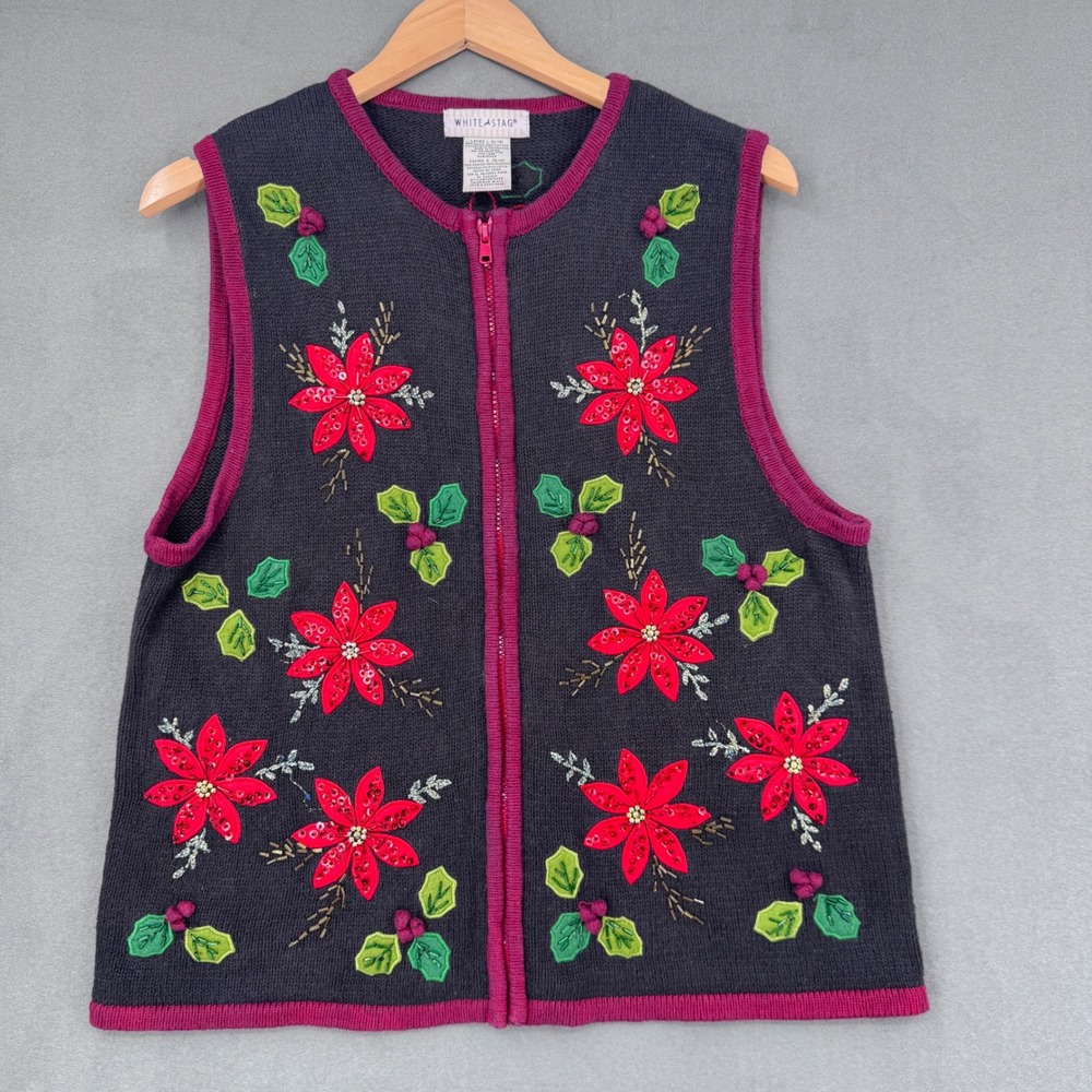 White Stag Poinsettia Zip Sweater Vest Ladies L Black Red Sequin Holiday Festive